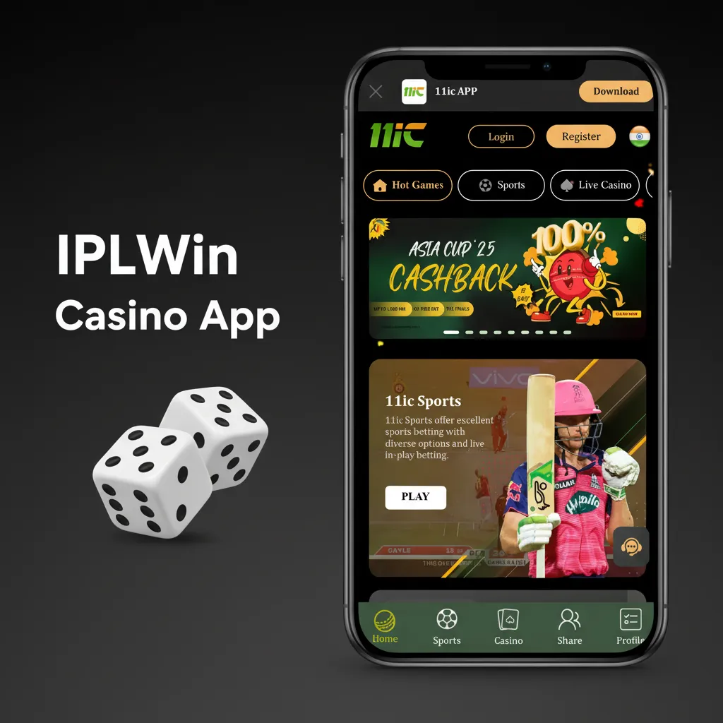IPLWin Casino app home with casino lobby: slots, roulette, Teen Patti, Andar Bahar, live dealers, and sports-to-games switch.
