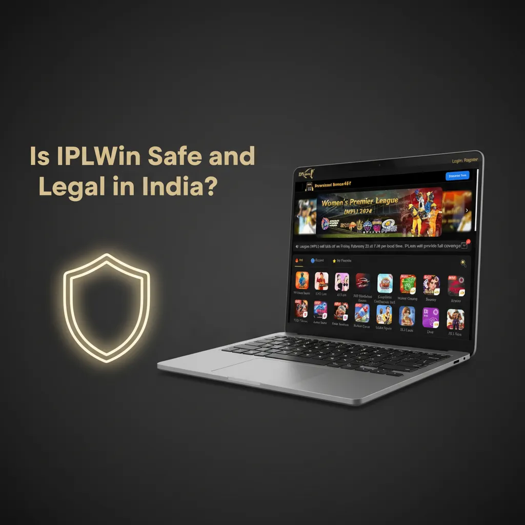 Graphic on IPLWin safety and legality in India: international license, KYC/AML, encrypted payments, footer legal pages.